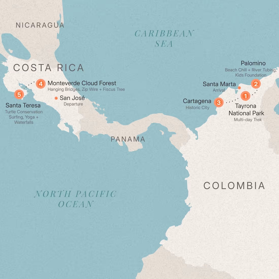 gap year colombia costa rica itinerary country map