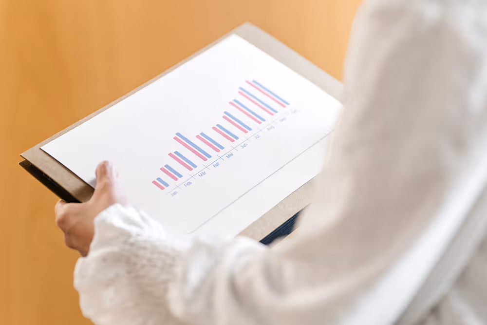 Person in white holding clipboard with printed bar chart showing data over several months.