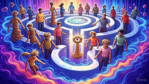 Vibrant illustration of a diverse group of TruthSeekers navigating a cosmic maze of quantum particles, chemical reactions, and digital information flows, aided by the CitizenX Chrome extension's Grok-powered logical fallacy detector shining like a beacon.