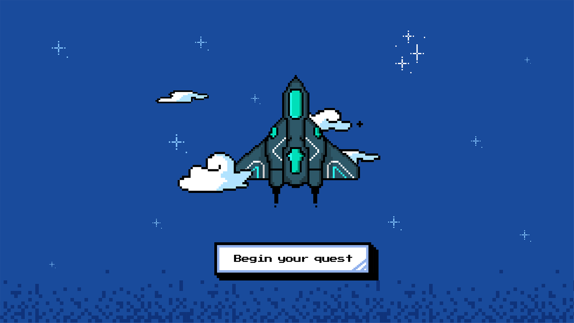 Graphic of a fighter jet with a button that says "Begin your quest."