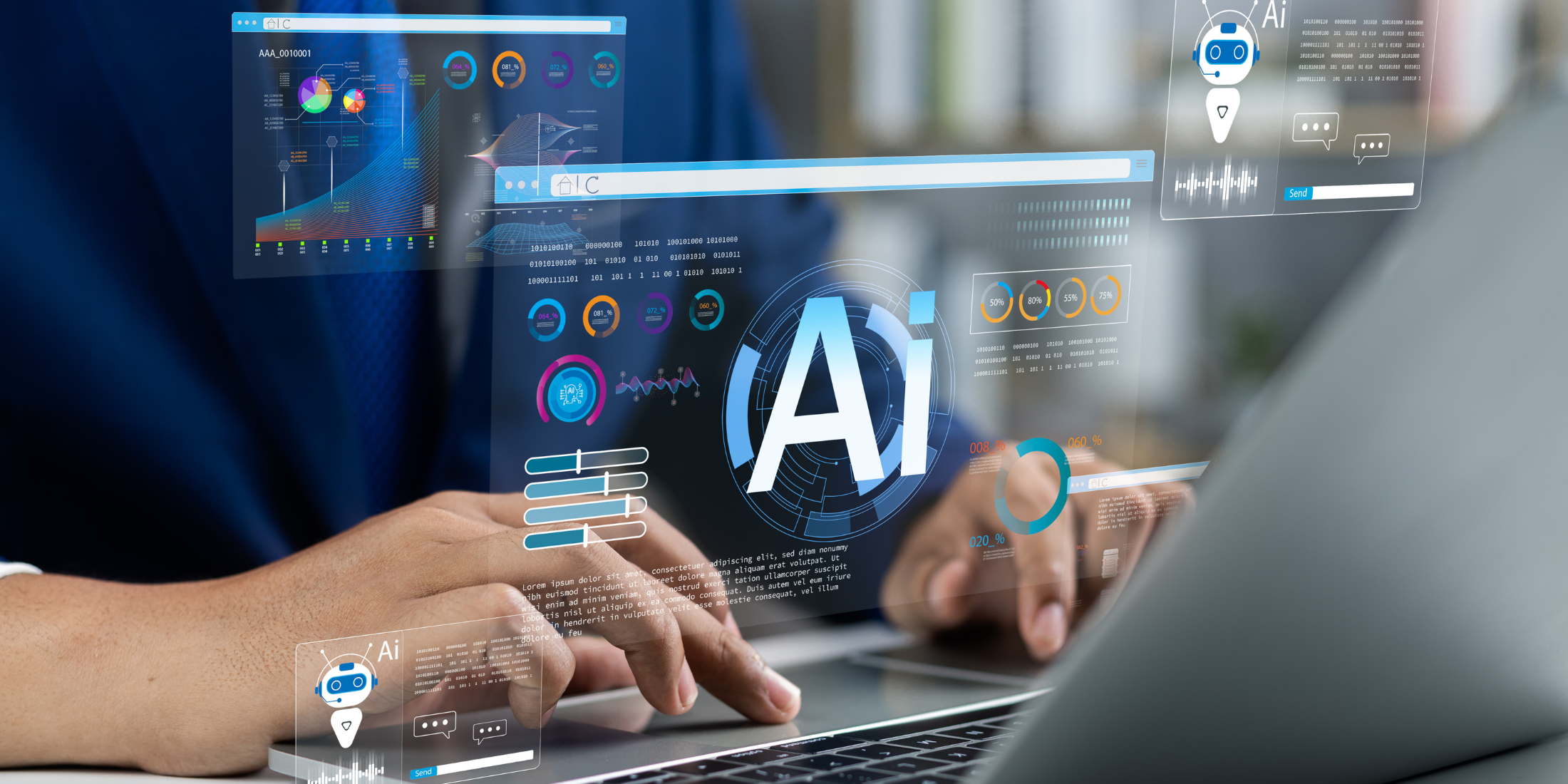 Hands typing on a computer keyboard with images of AI in the foreground