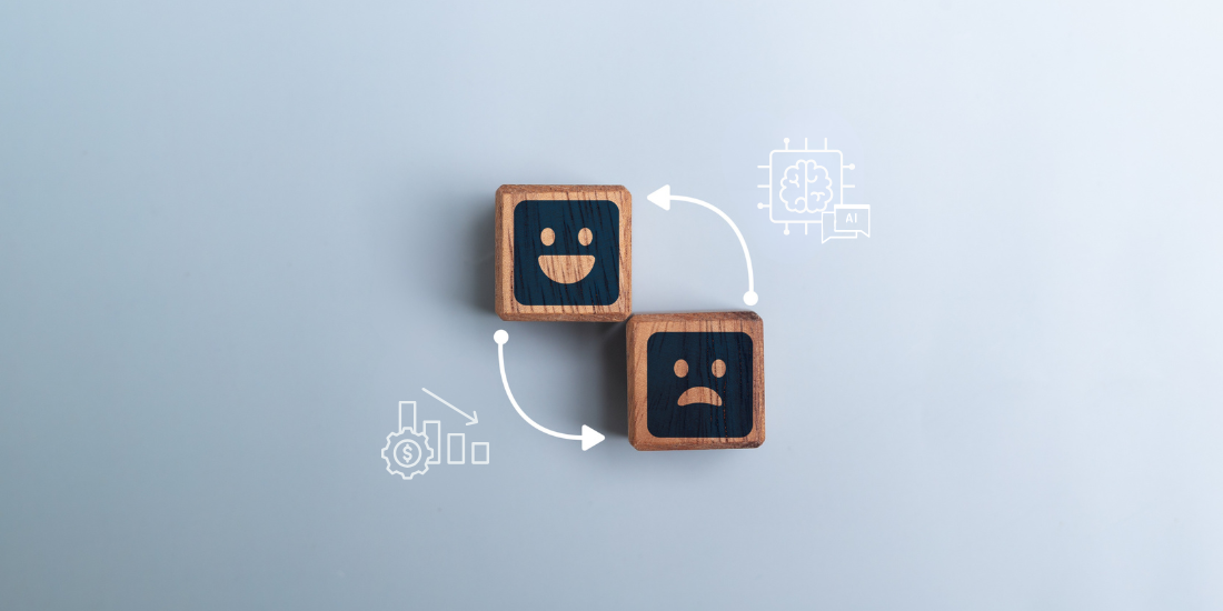 Two wooden blocks -- one with a happy face, one with a sad face. Icons tot the side show the impact of cost reduction + AI on the two blocks. 