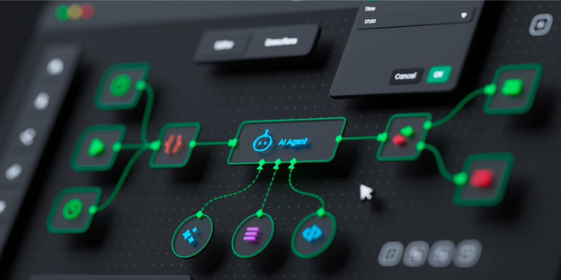 Photo of an agent workflow with inputs and outputs and an "AI Agent" in the middle. 