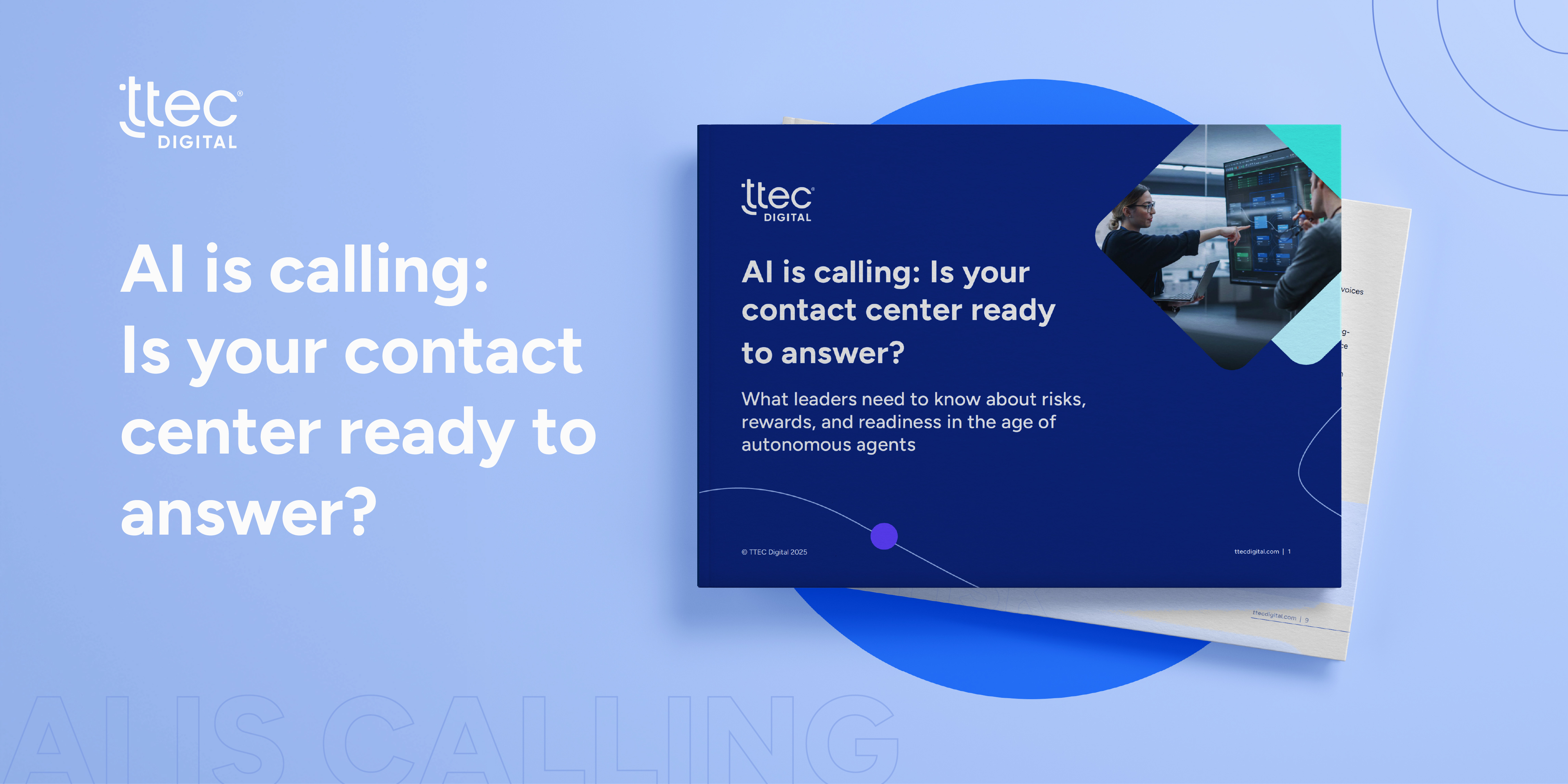 A view of the cover of the white paper "AI is Calling" on a blue blackground.