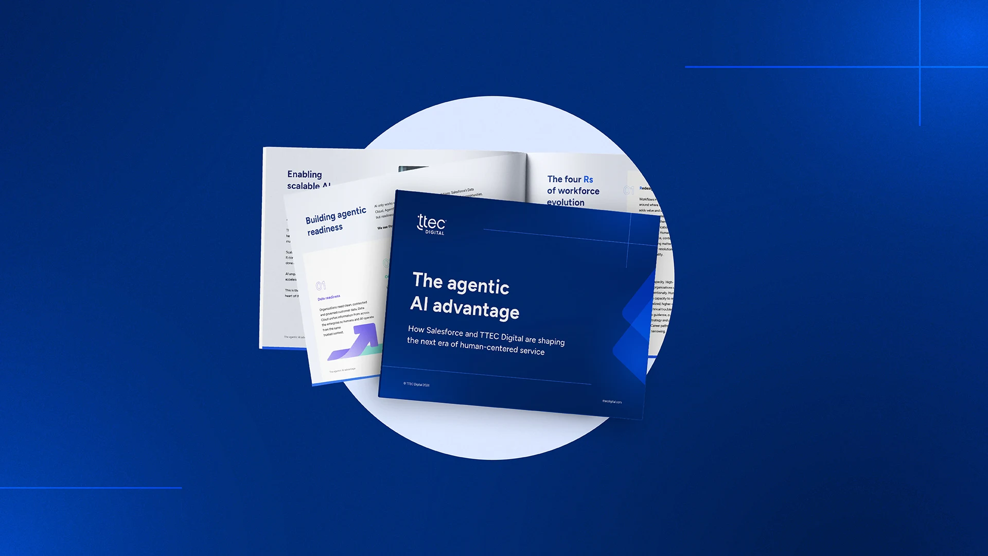 Blue background with an image of an eBook cover with the title "The agentic AI advantage" in the middle.