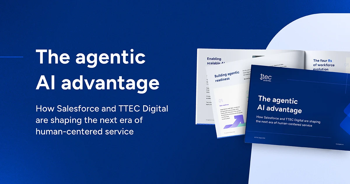 Blue background with an image of an eBook cover with the title "The agentic AI advantage" in the middle.