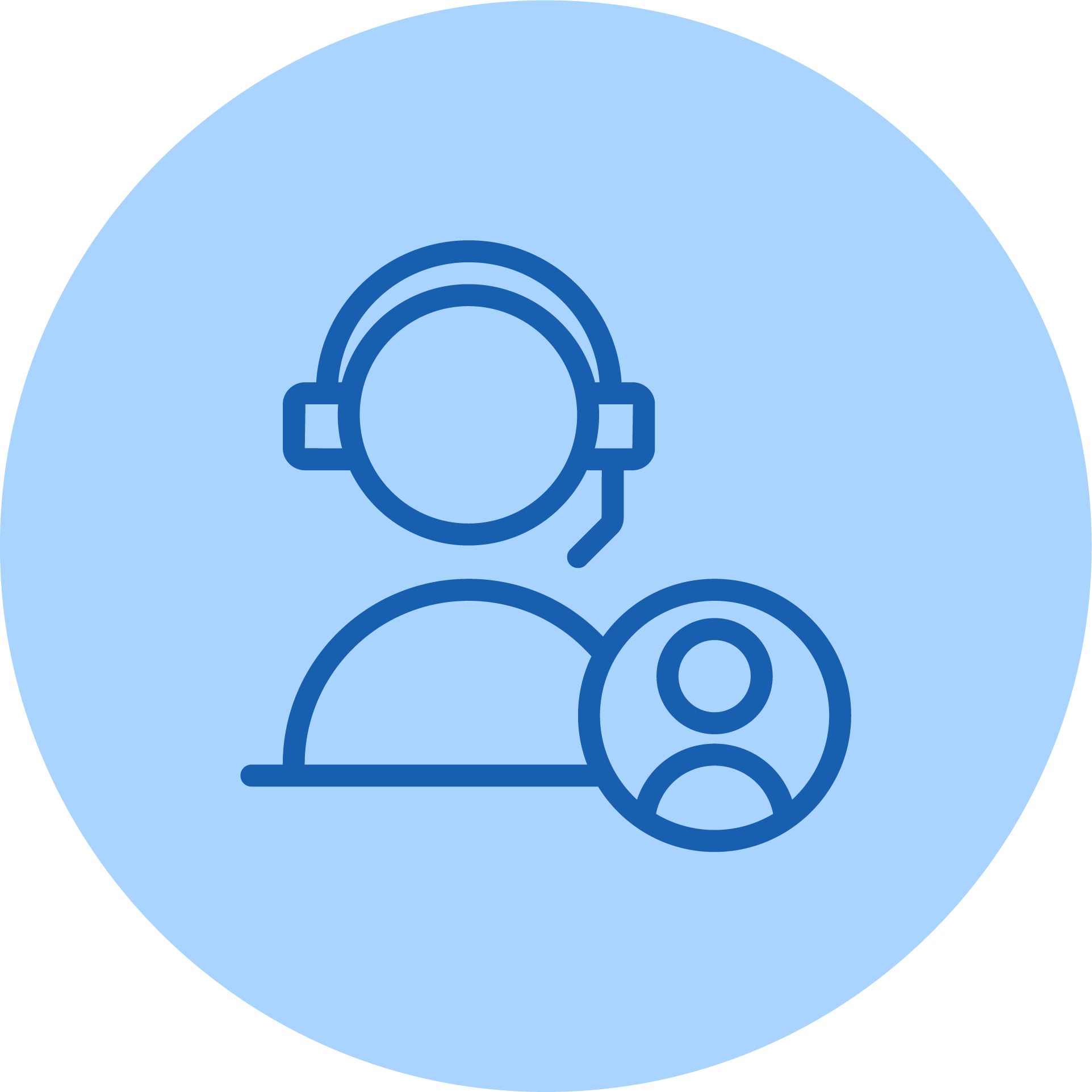 Blue customer service agent icon with headset and smaller user icon on light blue circular background.