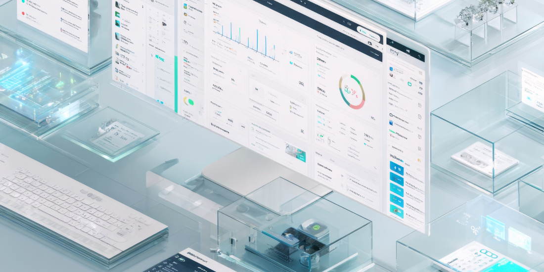 A tech stack on display via various screens showing a variety of data sources and charts.