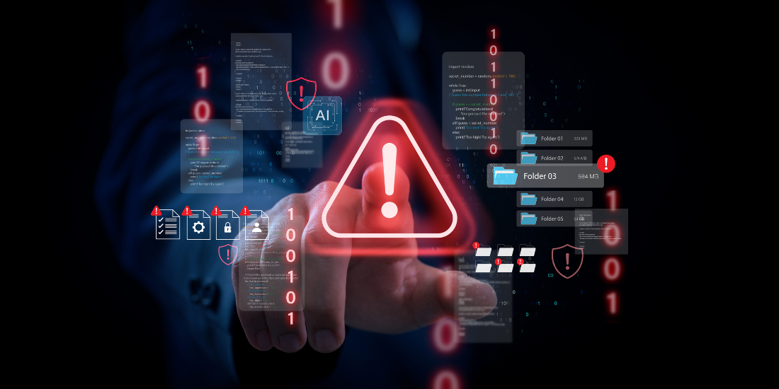 A digital cybersecurity warning and data protection concept, featuring a red alert triangle, binary code streams, and virtual file interfaces.