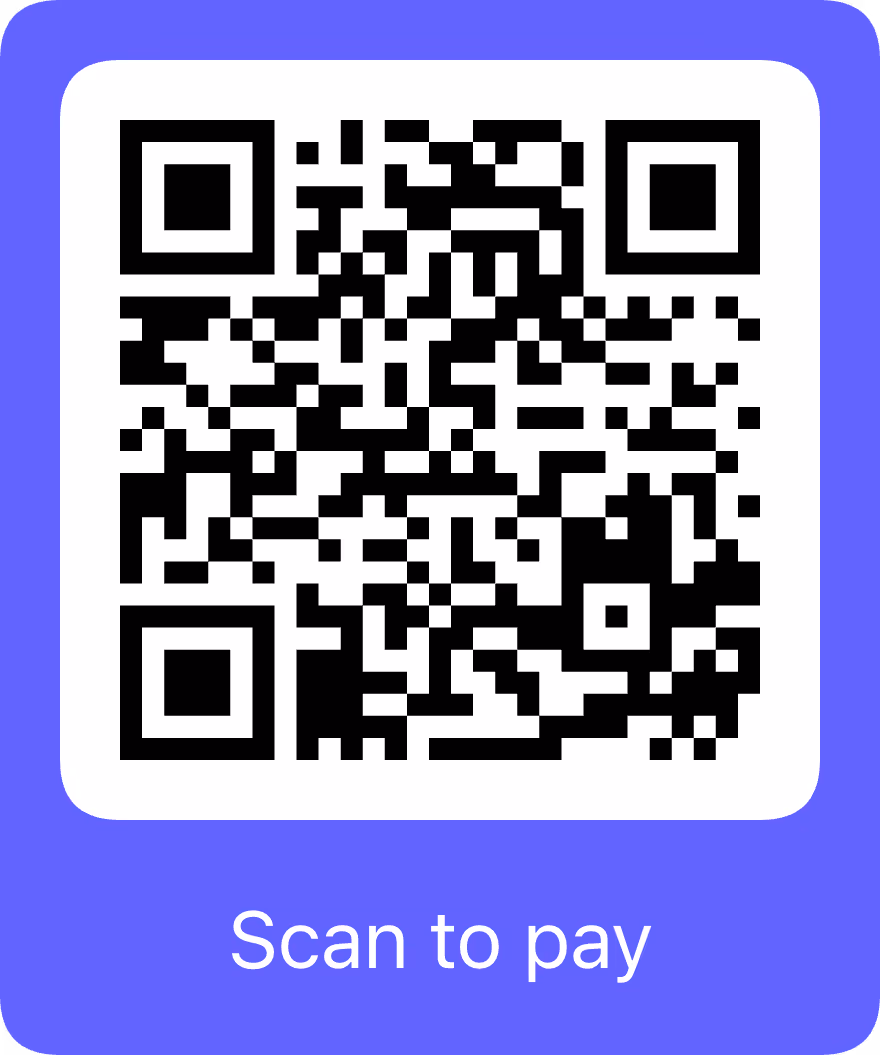 QR code on a purple background with text below saying 'Scan to pay'.