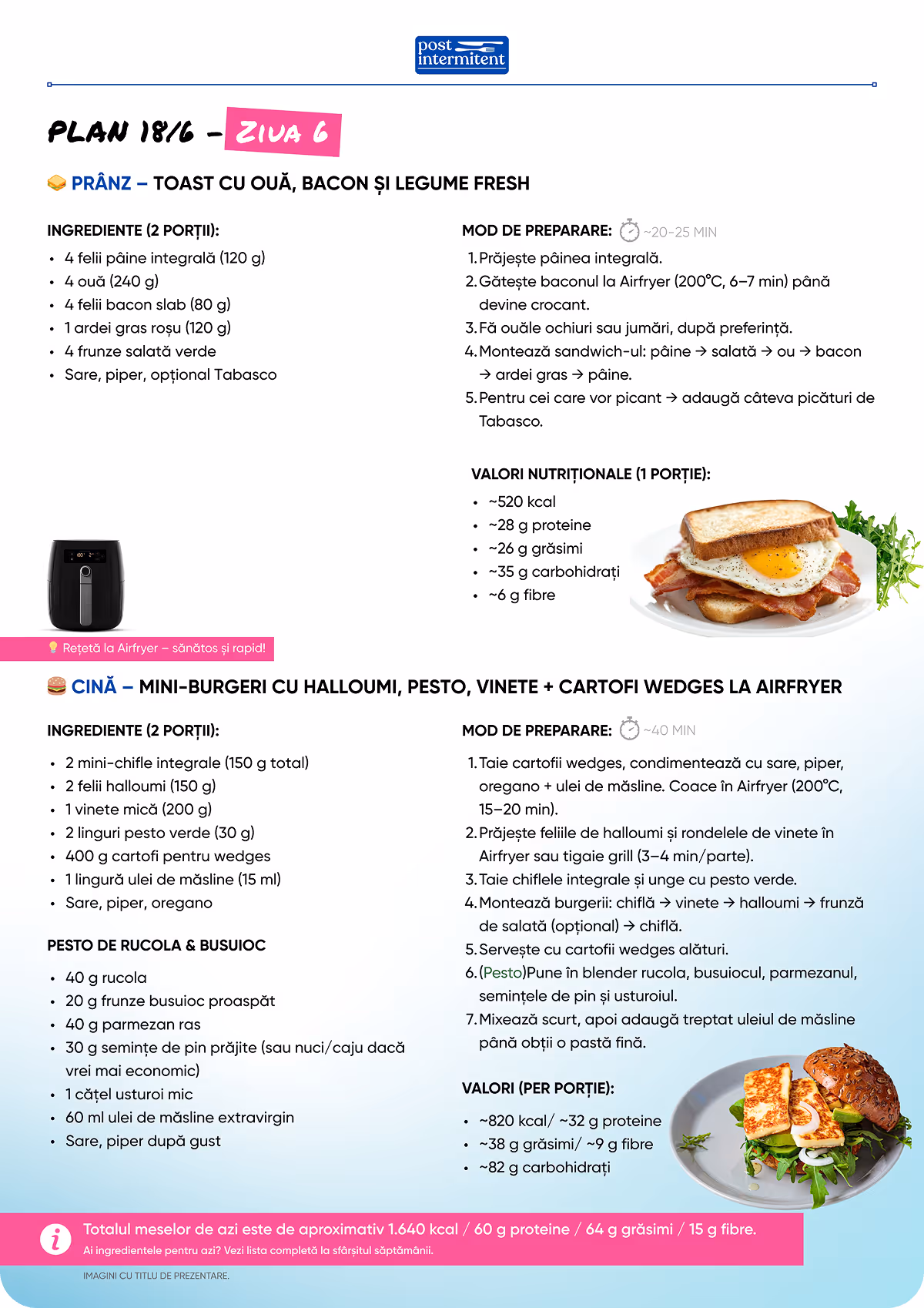 Plan alimentar pentru ziua 6 cu rețete de prânz: toast cu ouă, bacon și legume fresh, și cină: mini-burgeri cu halloumi, pesto, vinete și cartofi wedges la Airfryer, incluzând ingrediente, mod de preparare și valori nutriționale.