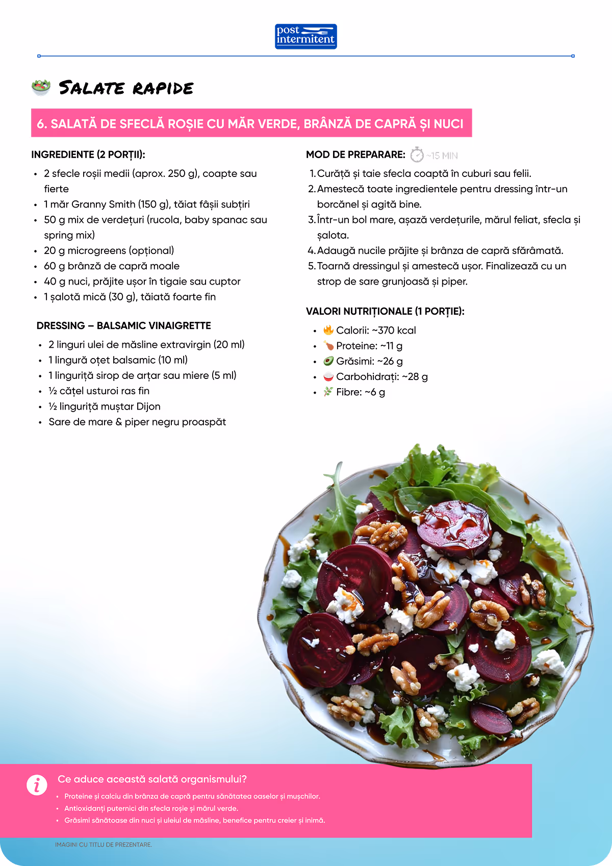 Salată rapidă cu felii de sfeclă roșie, nuci, brânză de capră și verdețuri pe un platou alb.