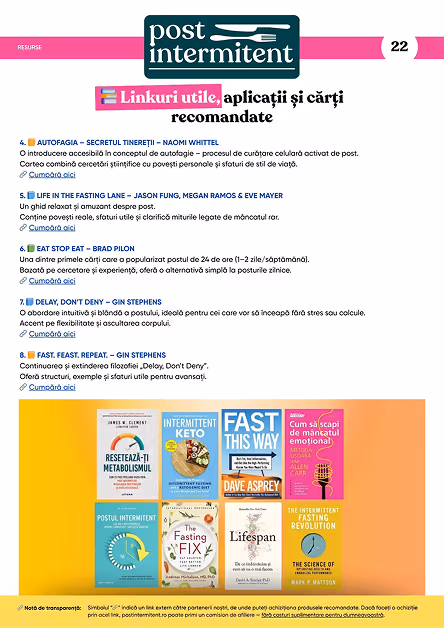 Listă de cărți recomandate despre postul intermitent cu titluri, autori și descrieri scurte, ilustrate cu coperte de cărți colorate pe fundal galben.