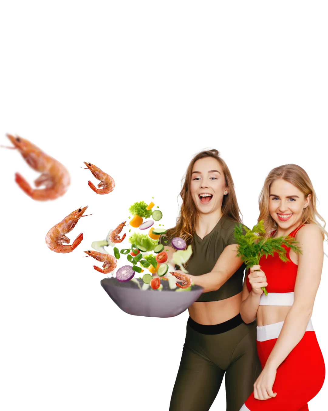 Două femei tinere zâmbitoare, una aruncând într-un bol bucăți de legume și creveți, iar cealaltă ținând ierburi proaspete.