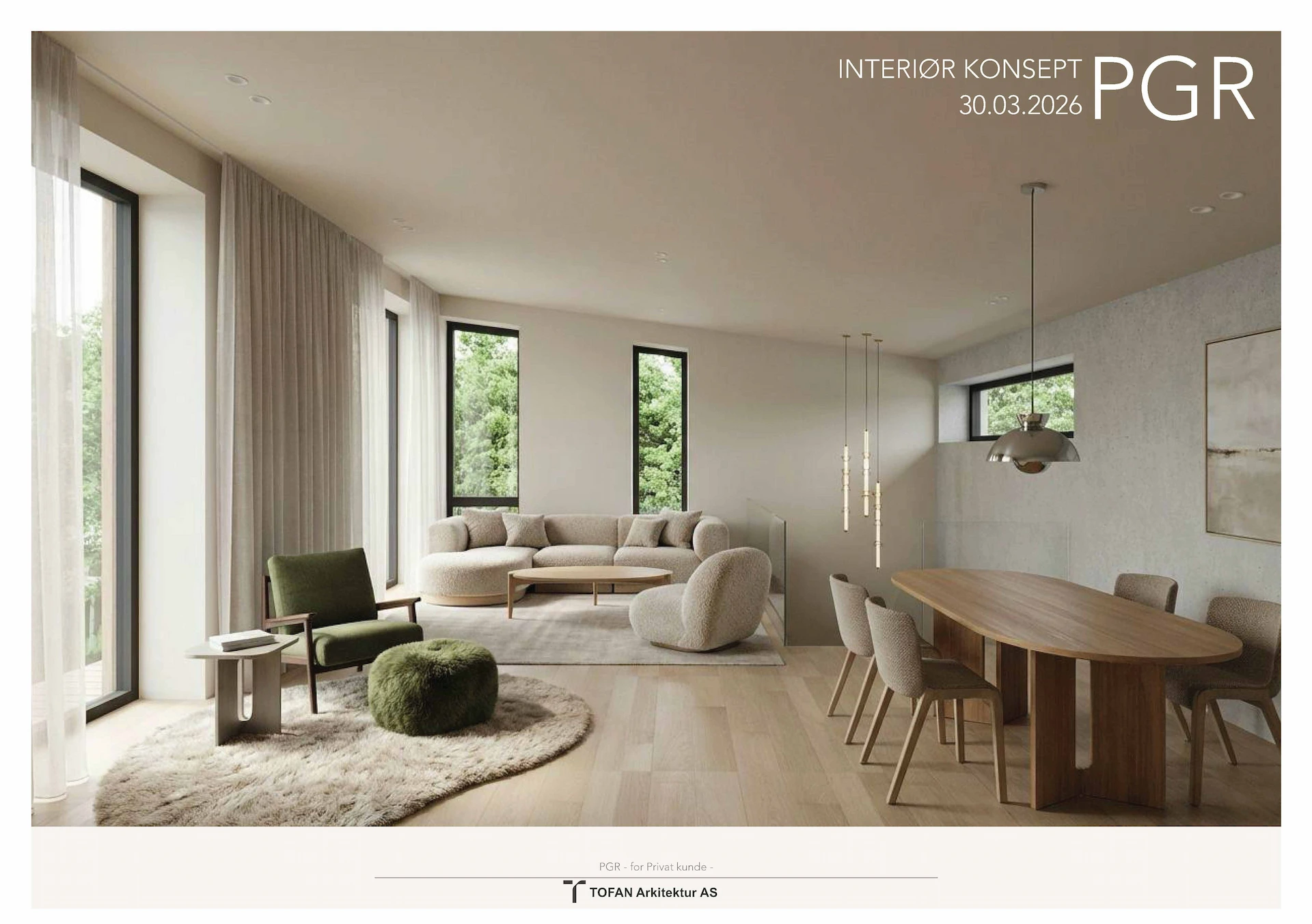 Stue og spisestue tegnet av interiørarkitekt, med bouclésofa, grønn lenestol og ovalt eikebord