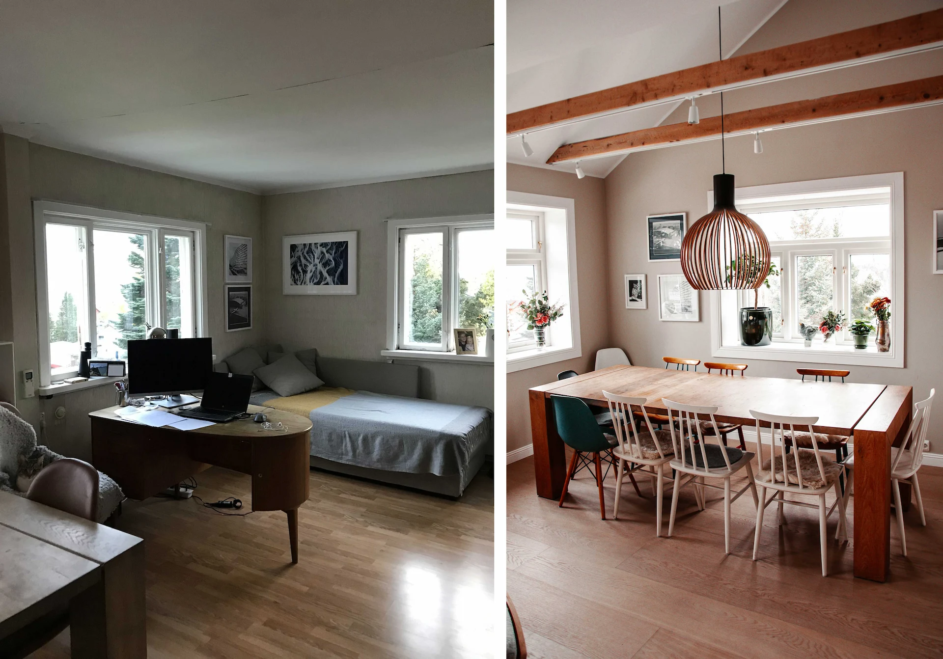 Før og etter renovering av stue: fra slitt arbeidsrom til lyst spisestue med synlige takbjelker
