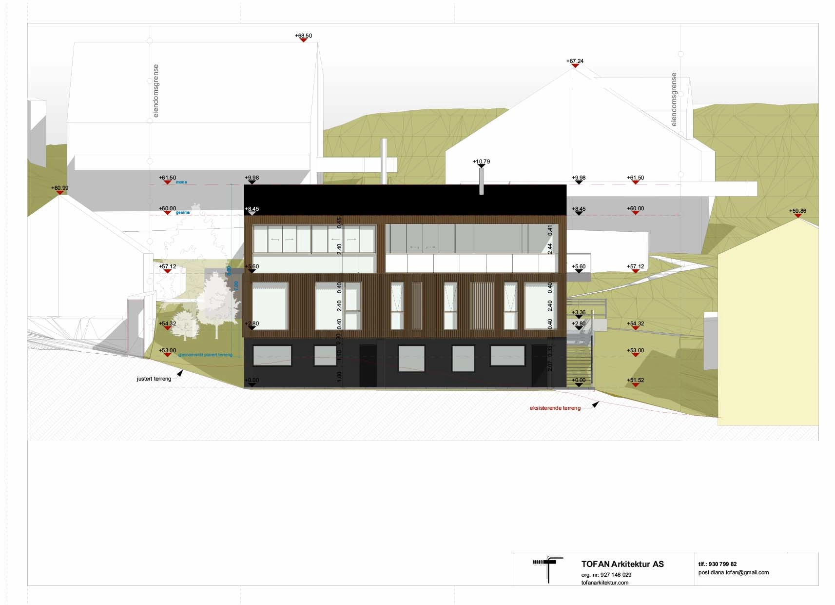 Arkitekttegnet fasadeoppriss med terreng- og kotehøyder, slik det inngår i en rammesøknad