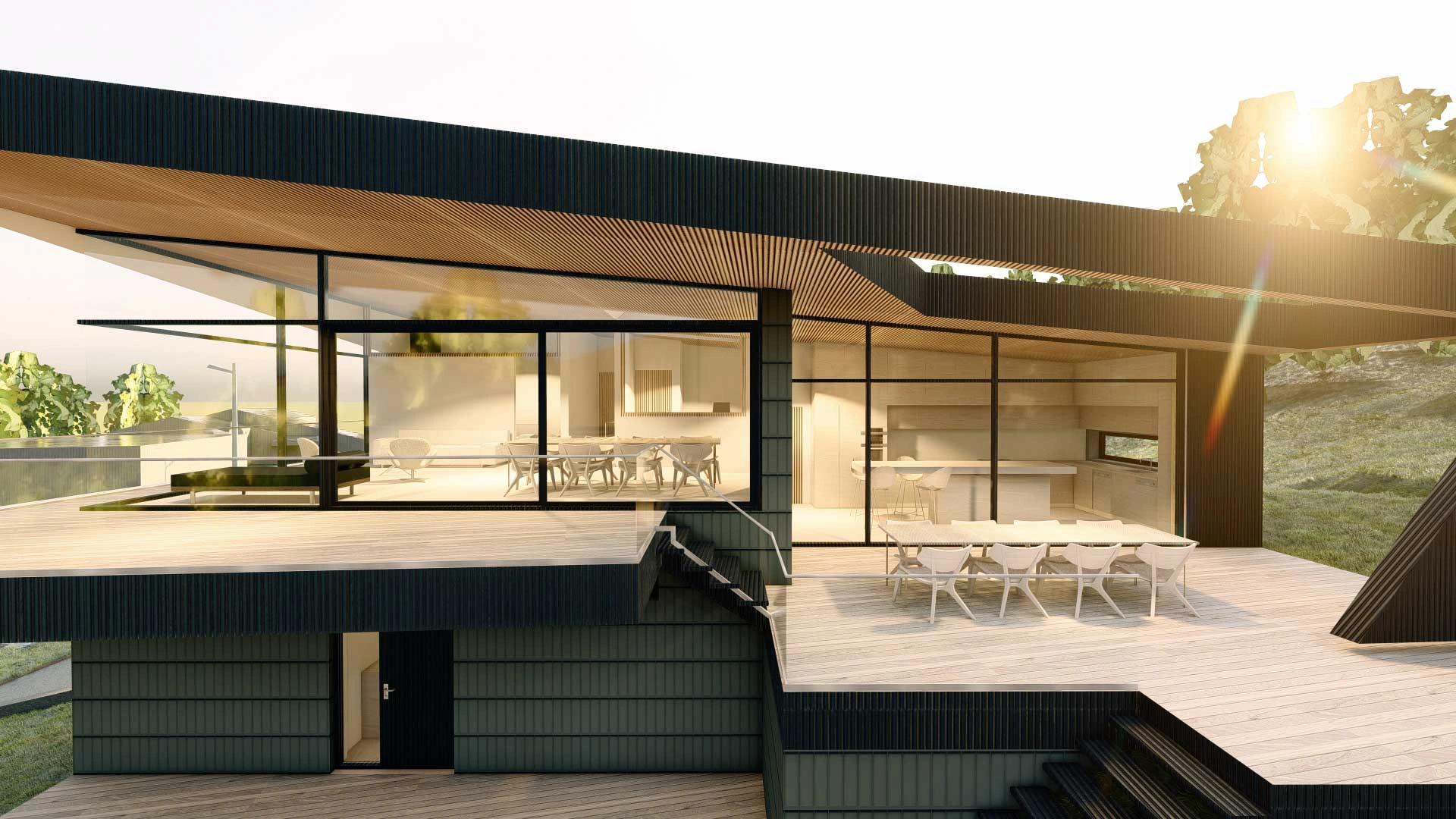Arkitekttegnet enebolig med utkraget tak, store glassflater og terrasse i kveldssol