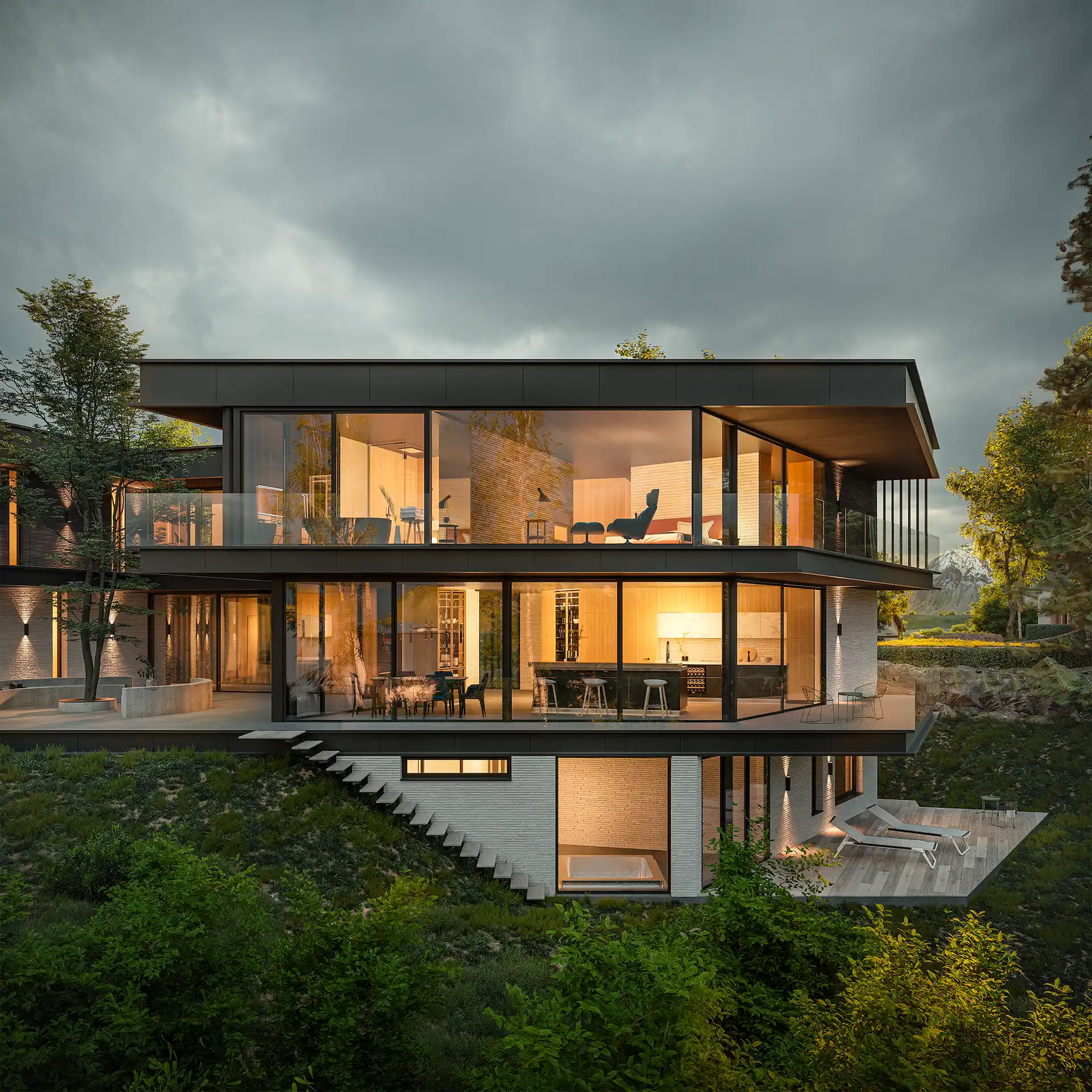 Arkitekttegnet bolig i tre plan med store glassfasader, plassert i hellende terreng