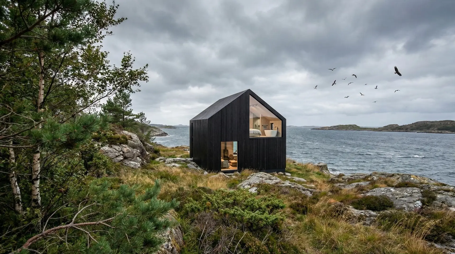  Lite, mørkt trehus med store vinduer på en værhard kyst ved havet