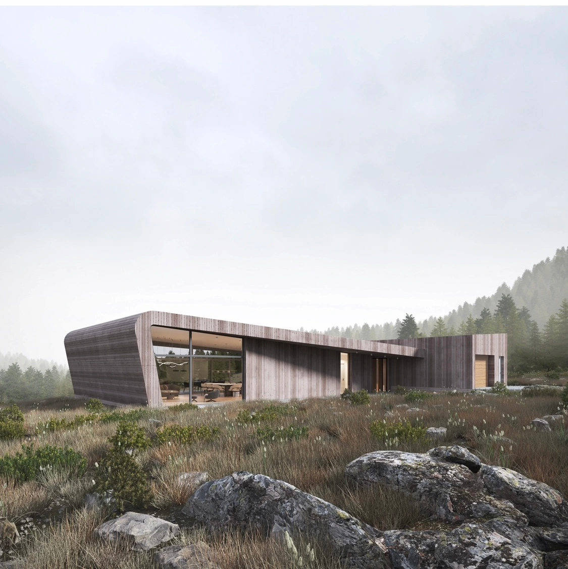 Lavmælt hytte med trekledning som smelter inn i et disig, værhardt kystlandskap