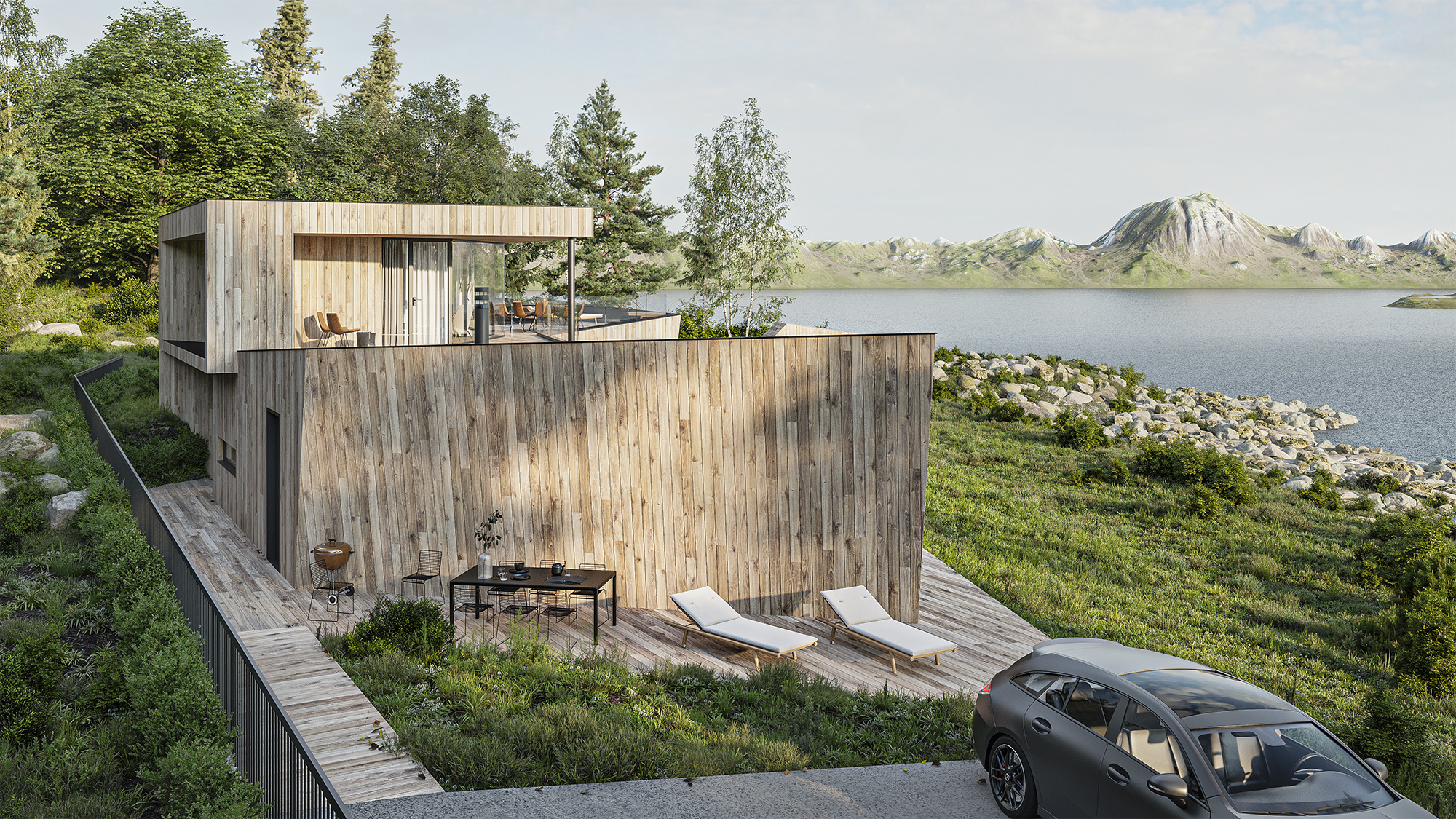Moderne hytte i lys trekledning med takterrasse, ved vannet med fjell i bakgrunnen