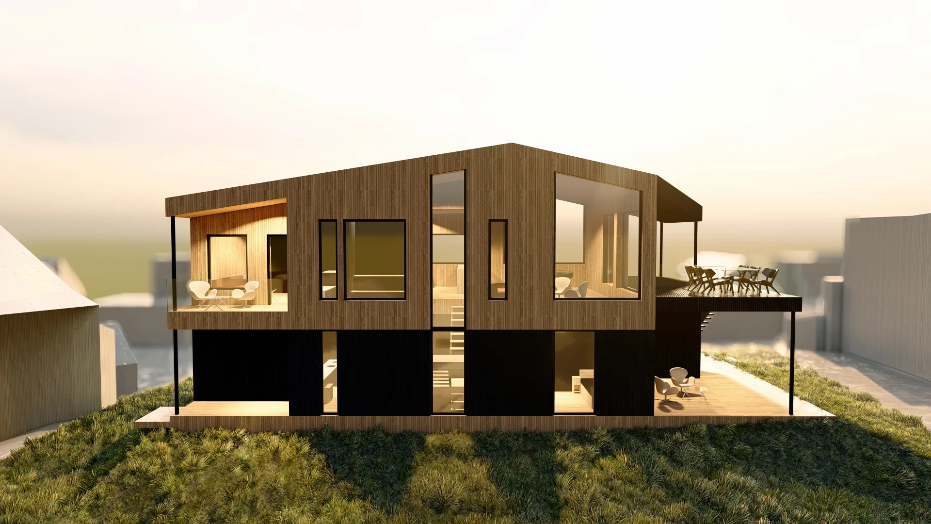 3D-render av en arkitekttegnet trebolig i to plan med terrasse og takterrasse i kveldslys