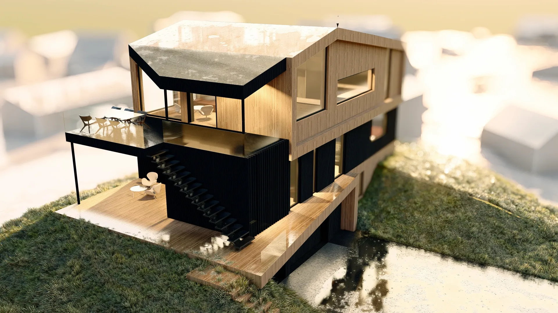3D-modell av en arkitekttegnet bolig i tre med terrasser og utvendig trapp
