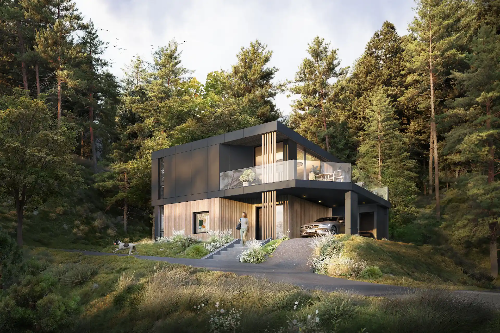 Moderne arkitekttegnet enebolig med trekledning og carport i skogkledd terreng