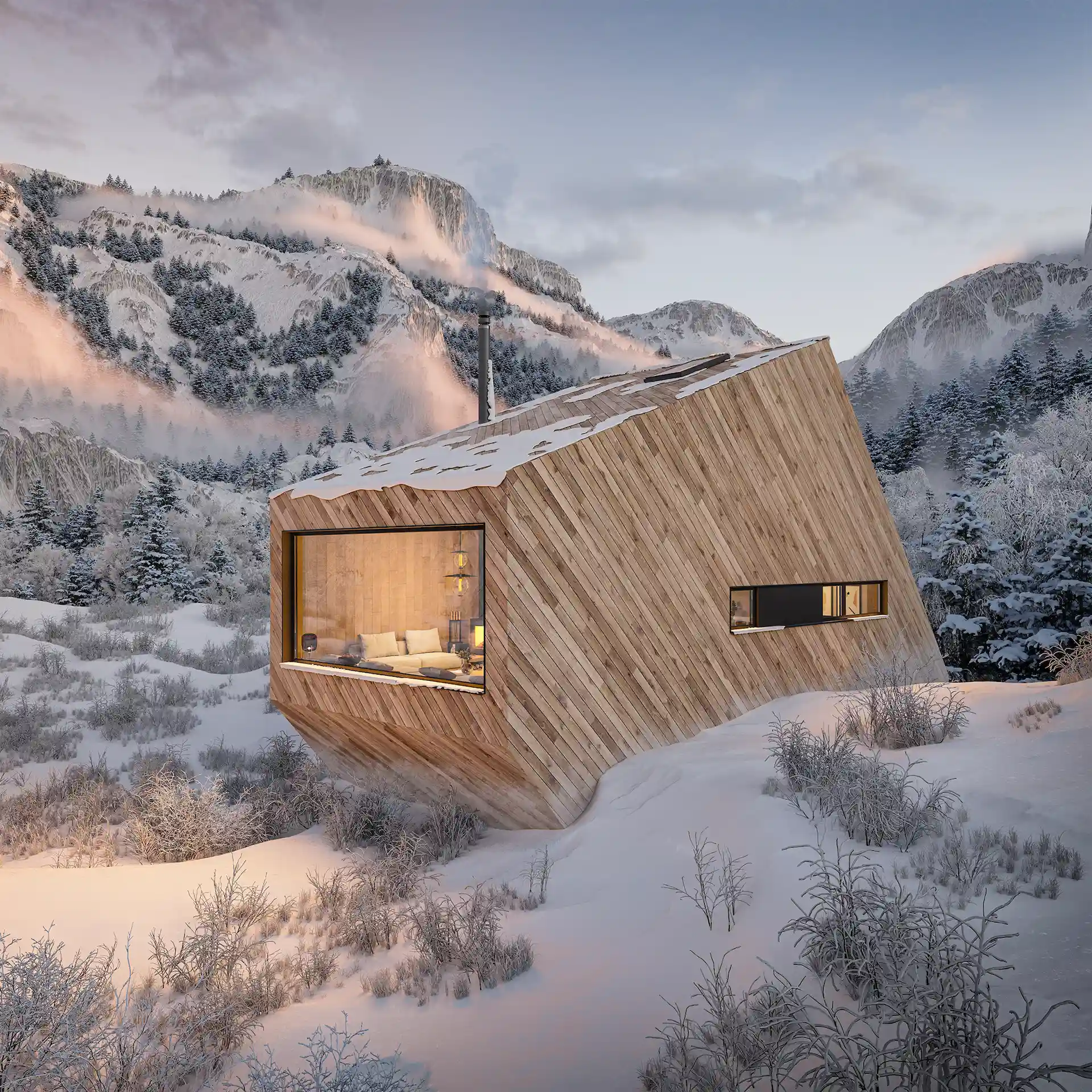 Skulpturell arkitekttegnet hytte i tre med stort panoramavindu, i snødekt fjellandskap