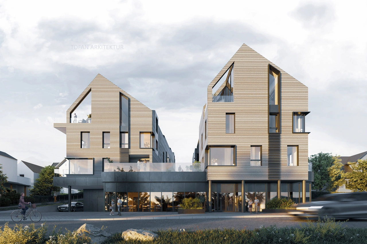 Kombinert bolig- og næringsbygg i tre med saltak og næringslokale i gateplan, tegnet av Tofan Arkitektur - din arkitekt i Tromsø
