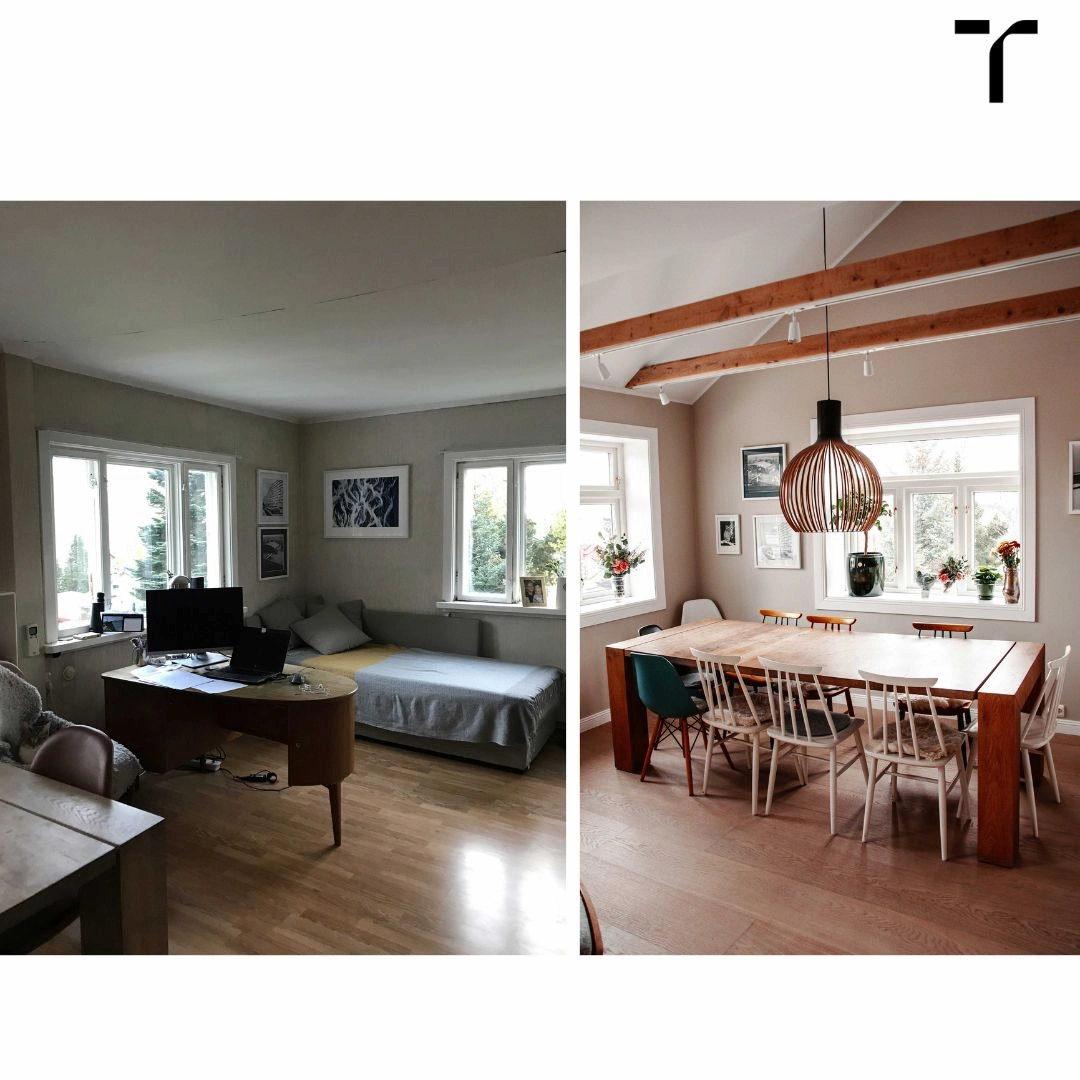 Før og etter interiørprosjekt: rommet før oppussing, og det ferdige resultatet med spisebord, trebjelke i taket og naturlige materialer