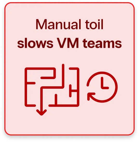 Infographic card stating Manual toil slows VM teams, illustrated by a complex maze