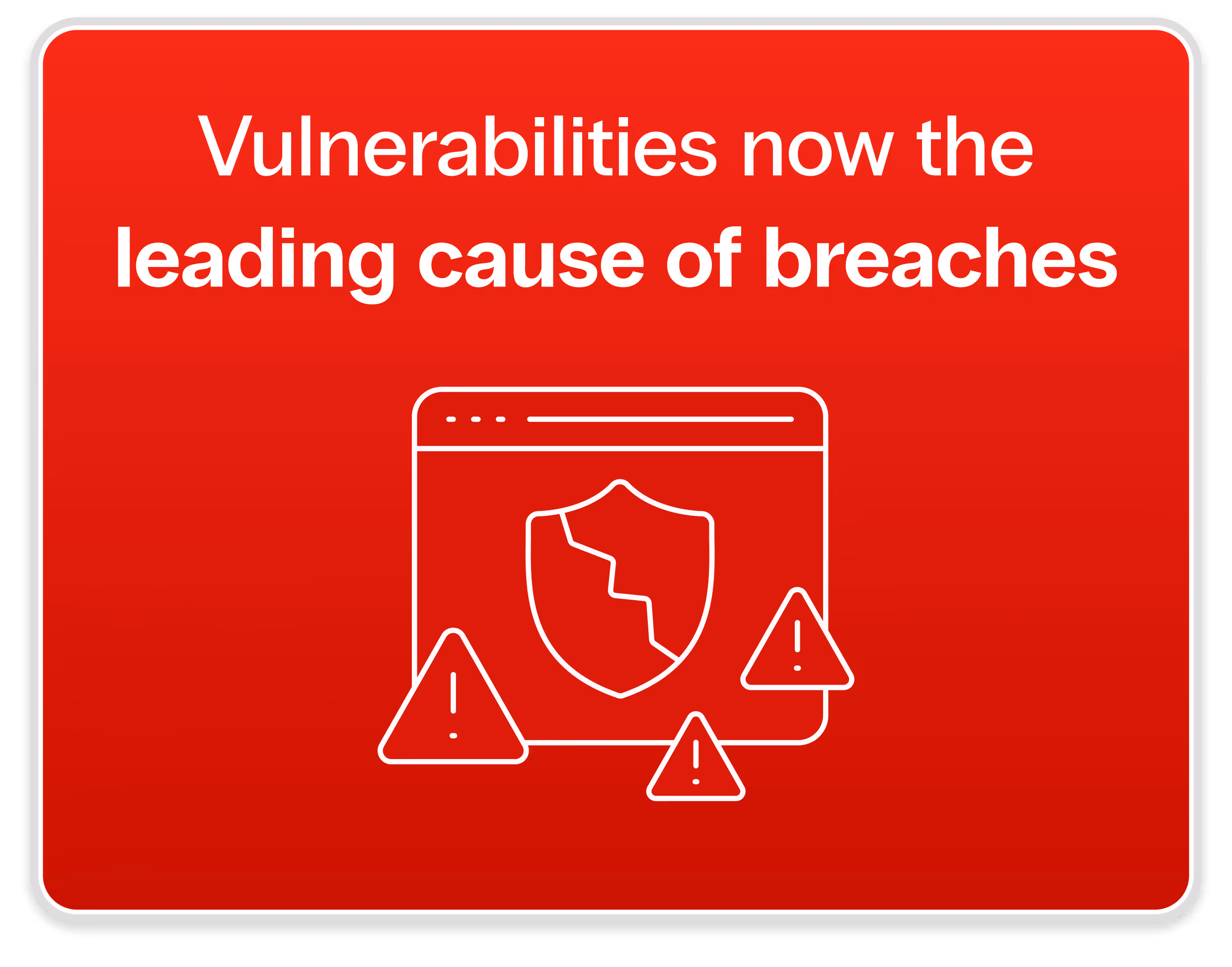 Highlighted statistic: Vulnerabilities are now the leading cause of breaches, illustrated by a compromised security shield