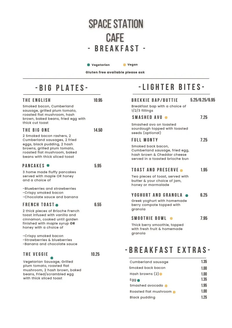 Space Station Cafe – Breakfast Menu