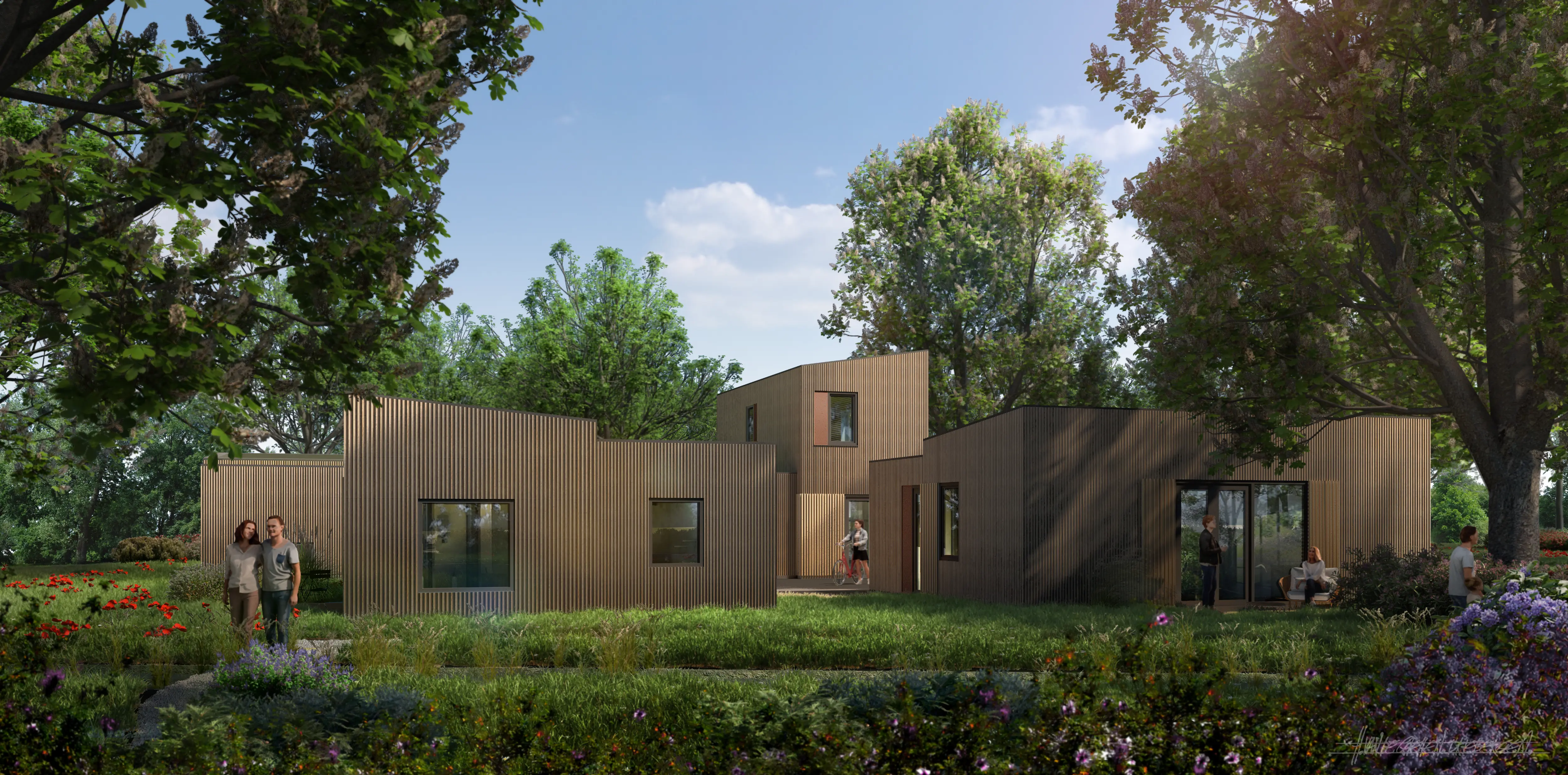 Moderne houten huizen te midden van groen gras en kleurrijke bloemen met bomen en mensen rondom.