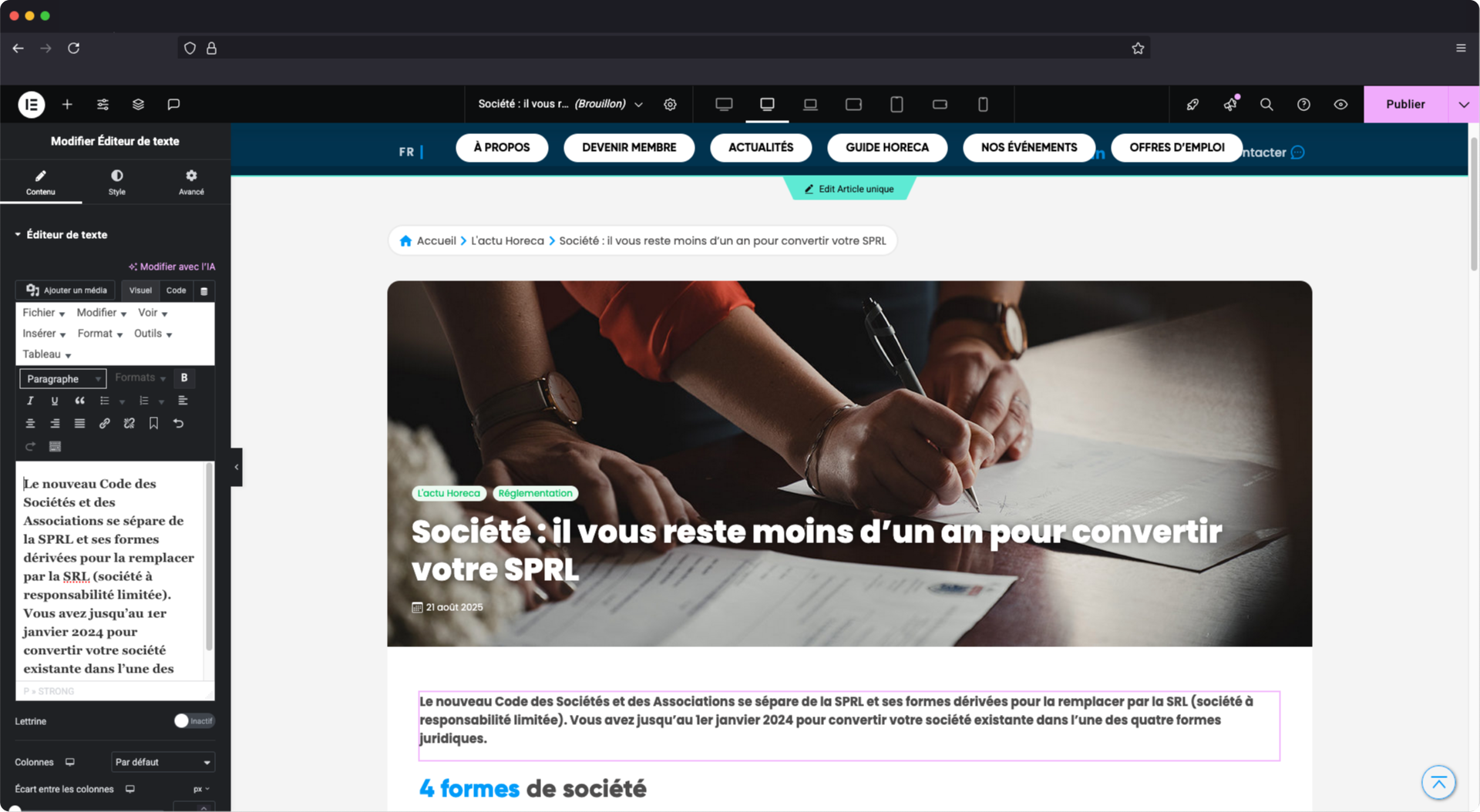 Intégration d’un article dans Elementor, avec mise en page fidèle au design du nouveau site.