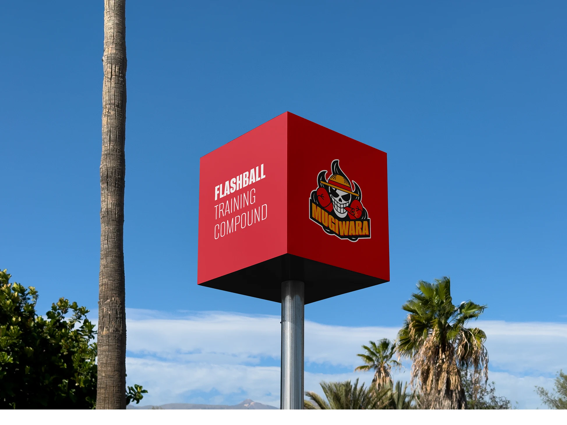 Signage displaying the MMA athlete logo as part of the brand identity