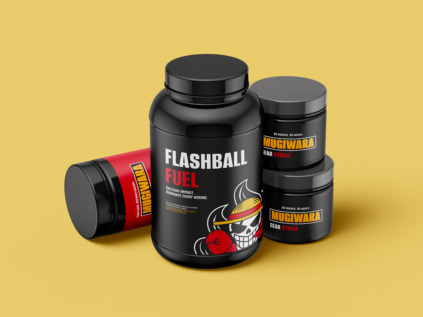 Protein powder packaging featuring the MMA athlete logo