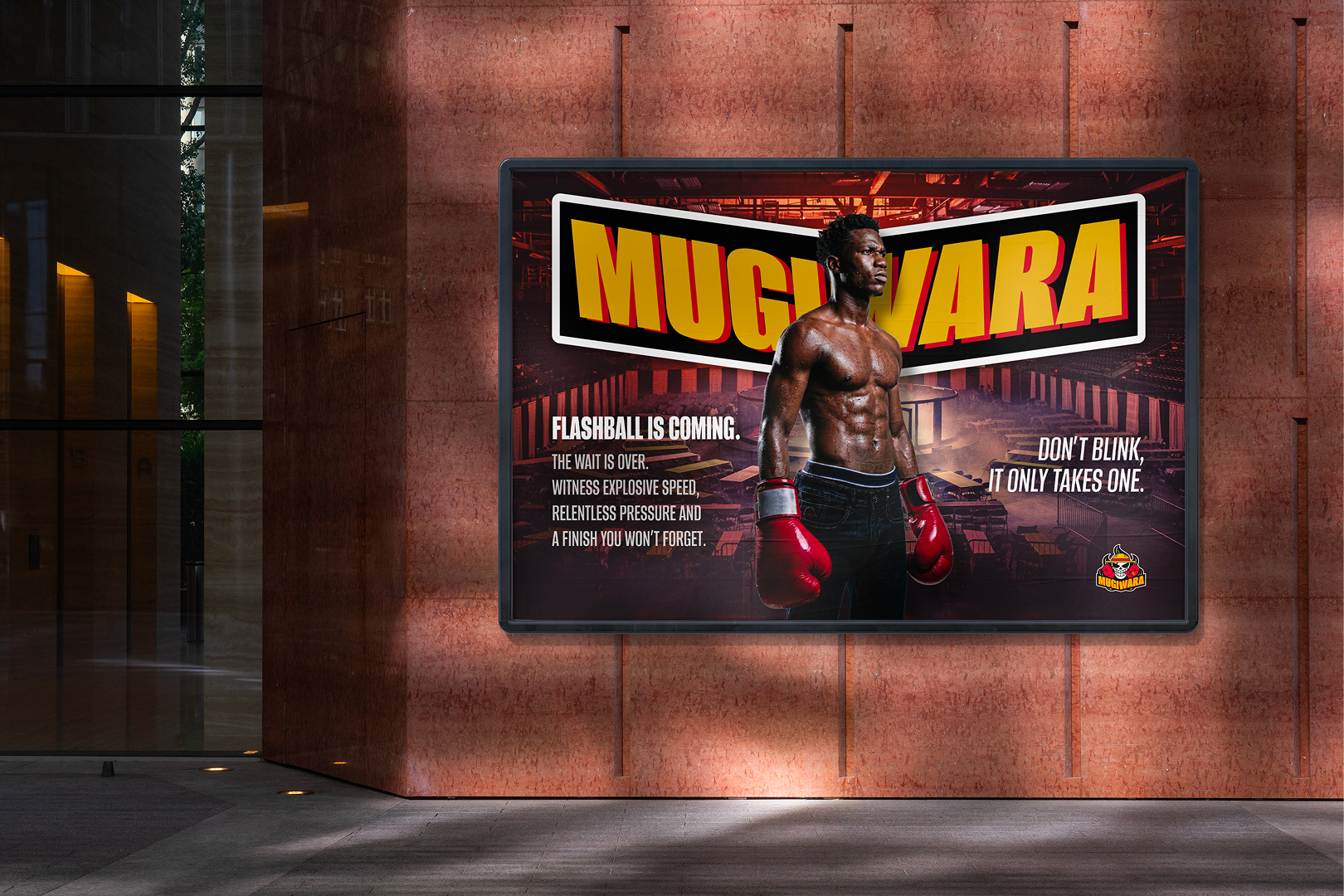Billboard mockup displaying the MMA athlete logo and branding