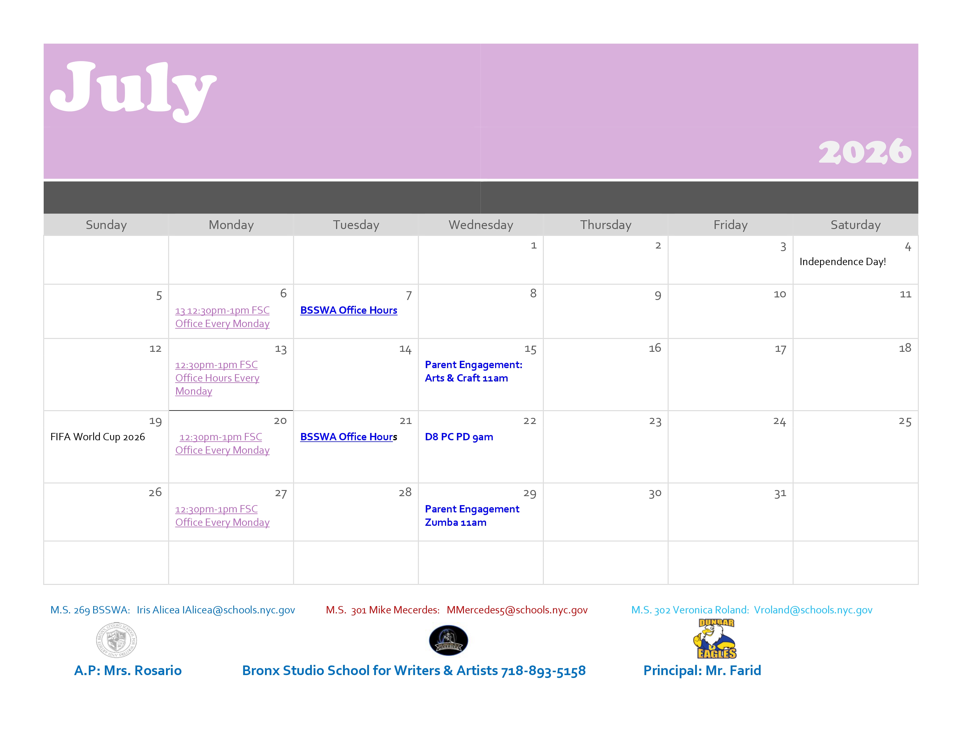 july Calendar English