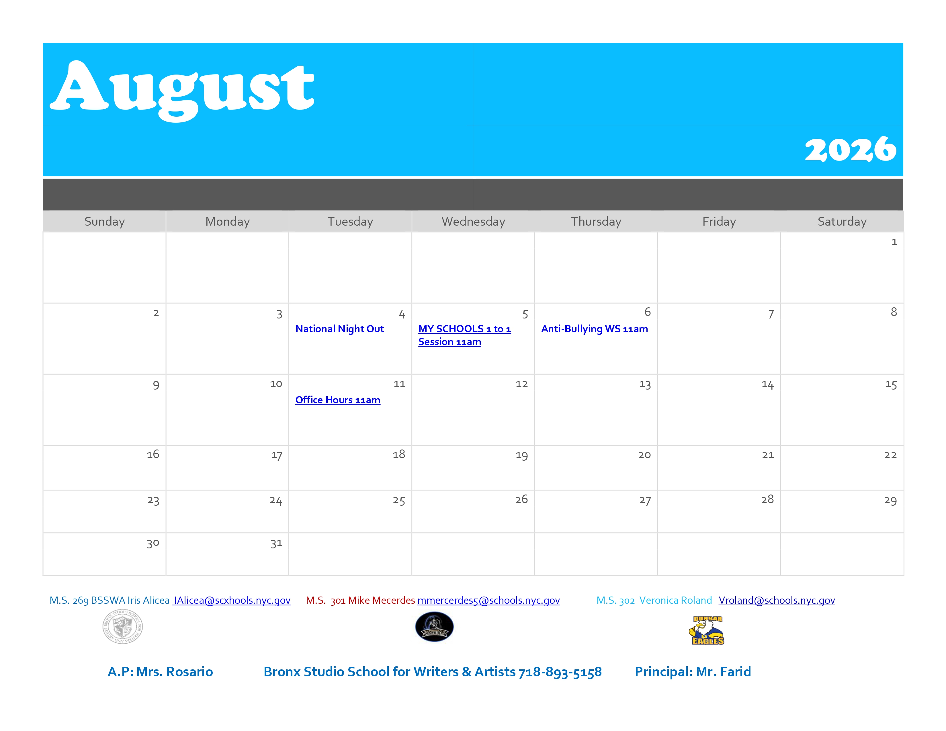 august Calendar English