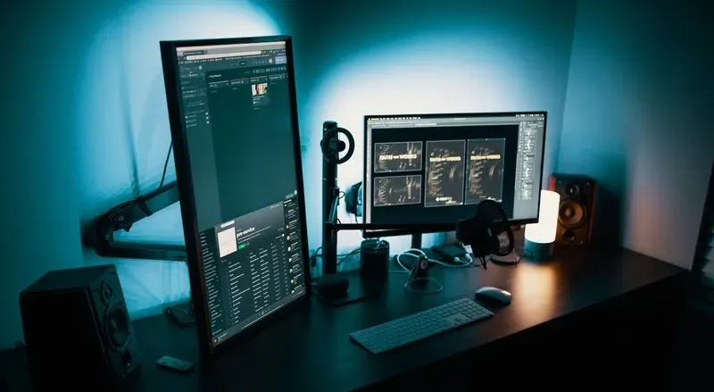 Computer screens with blue lighting.