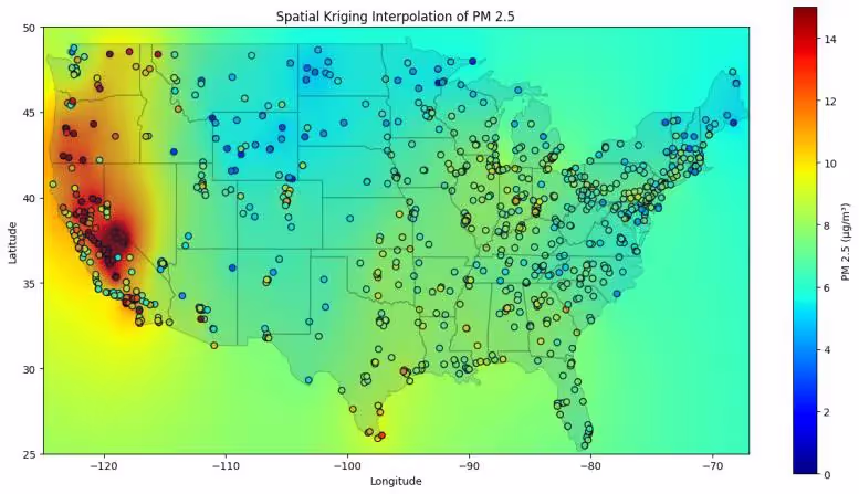 U.S. map showing spatial kriging interpolation of PM 2.5