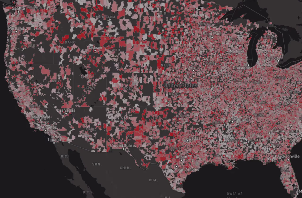 U.S. map with red data points.