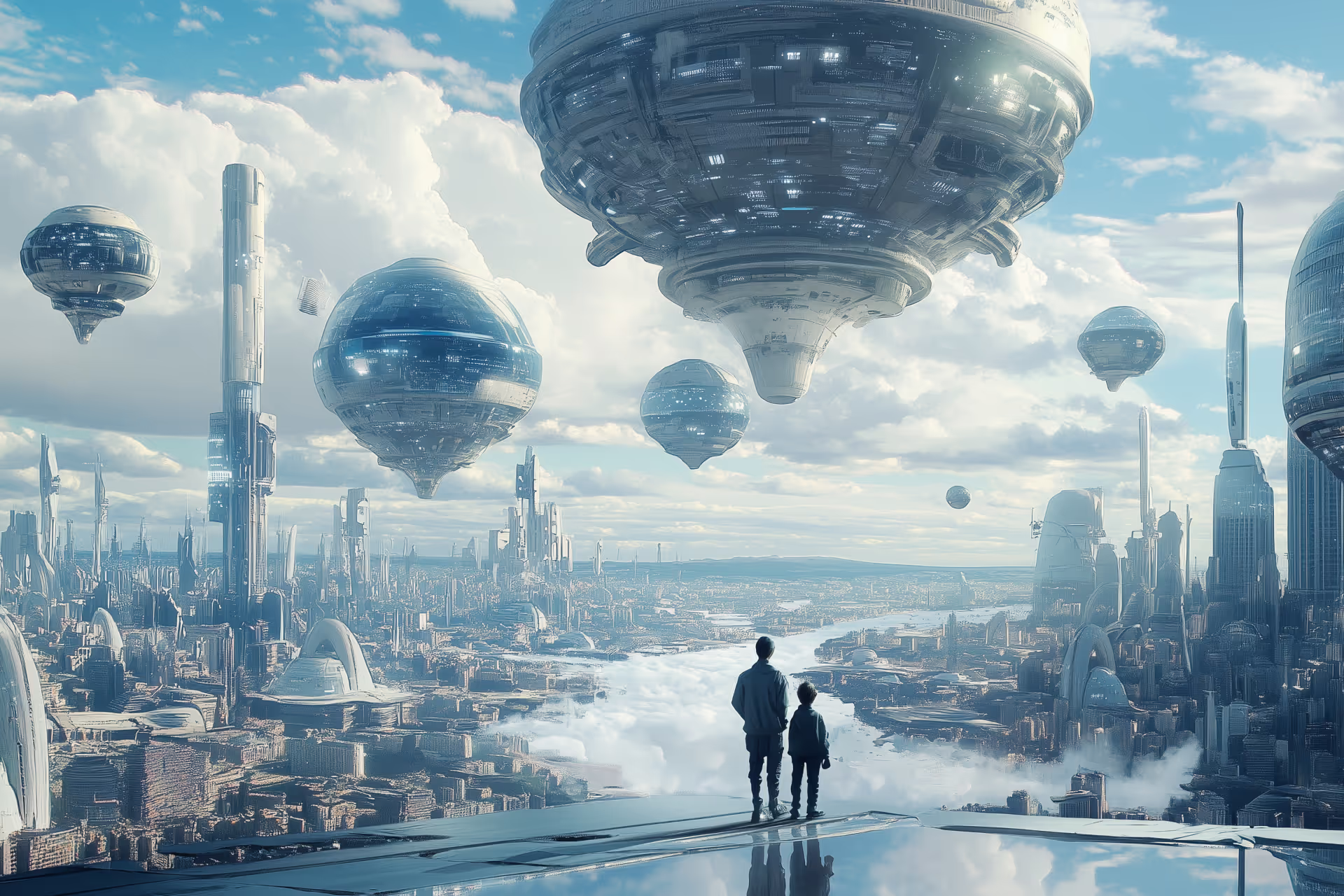 Futuristic cityscape with floating structures.