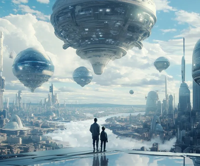 Futuristic cityscape with floating structures.