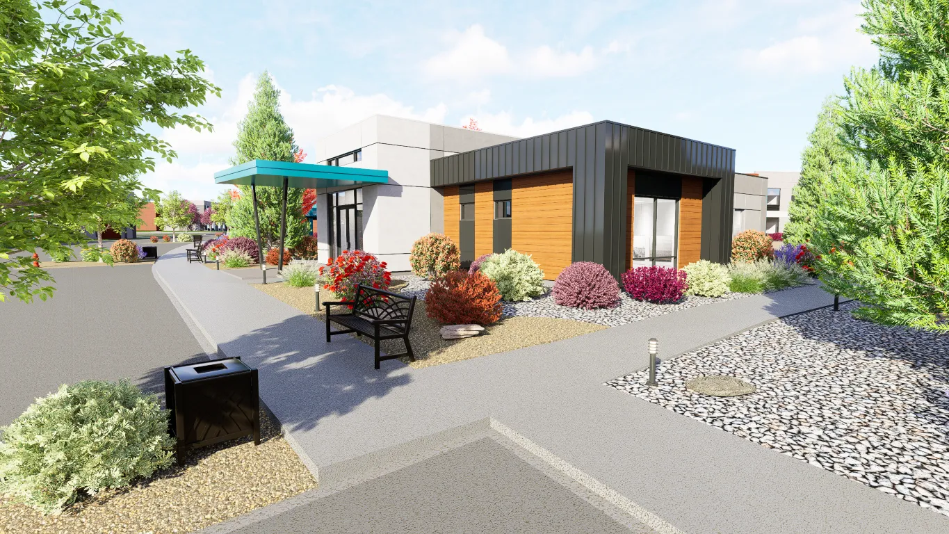 A rendering of a small building with a patio.