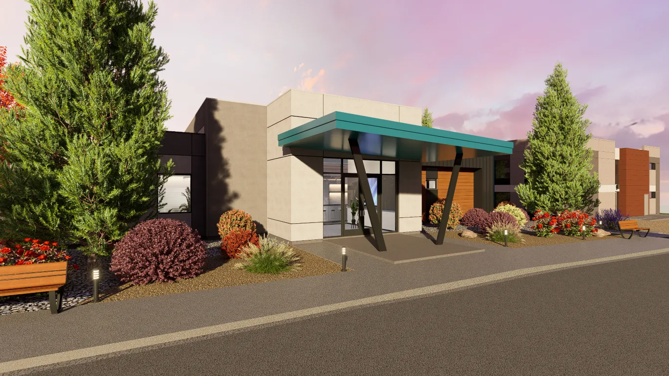 A rendering of a building with a green awning.