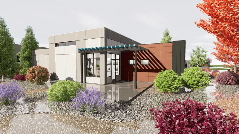 A rendering of a small building surrounded by trees.
